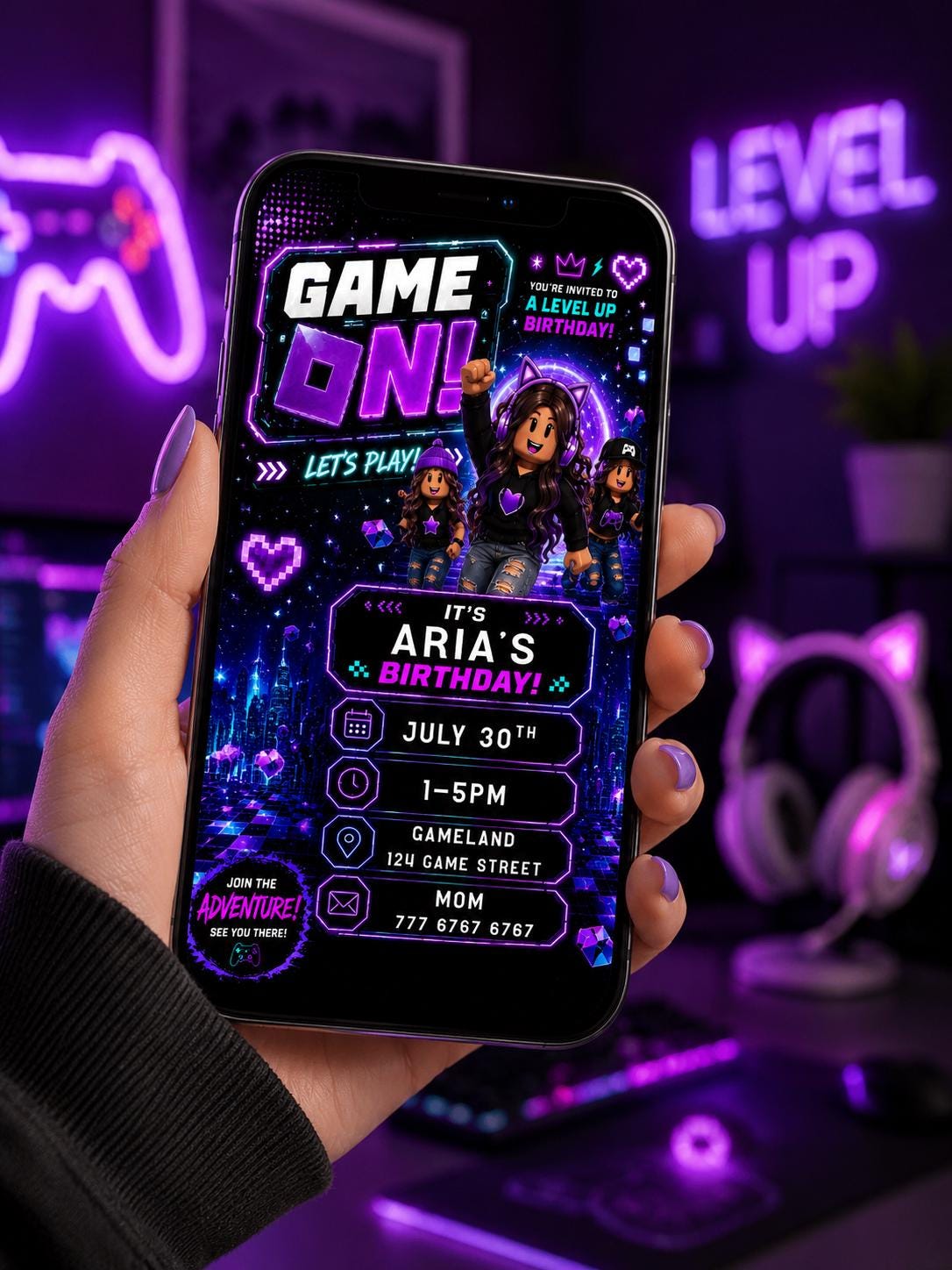 Editable Purple Gamer Girl Birthday Invitation preview 5