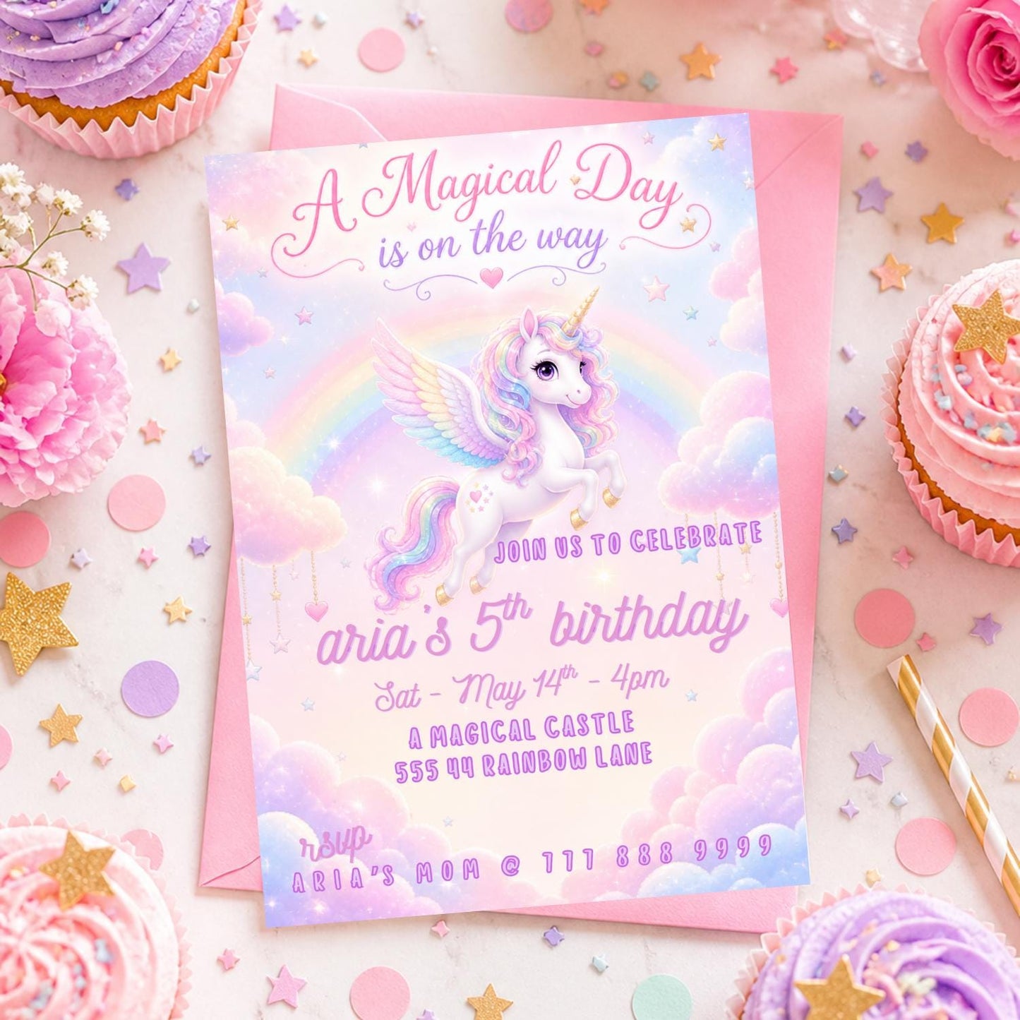 Editable Rainbow Unicorn Birthday Invitation preview 5