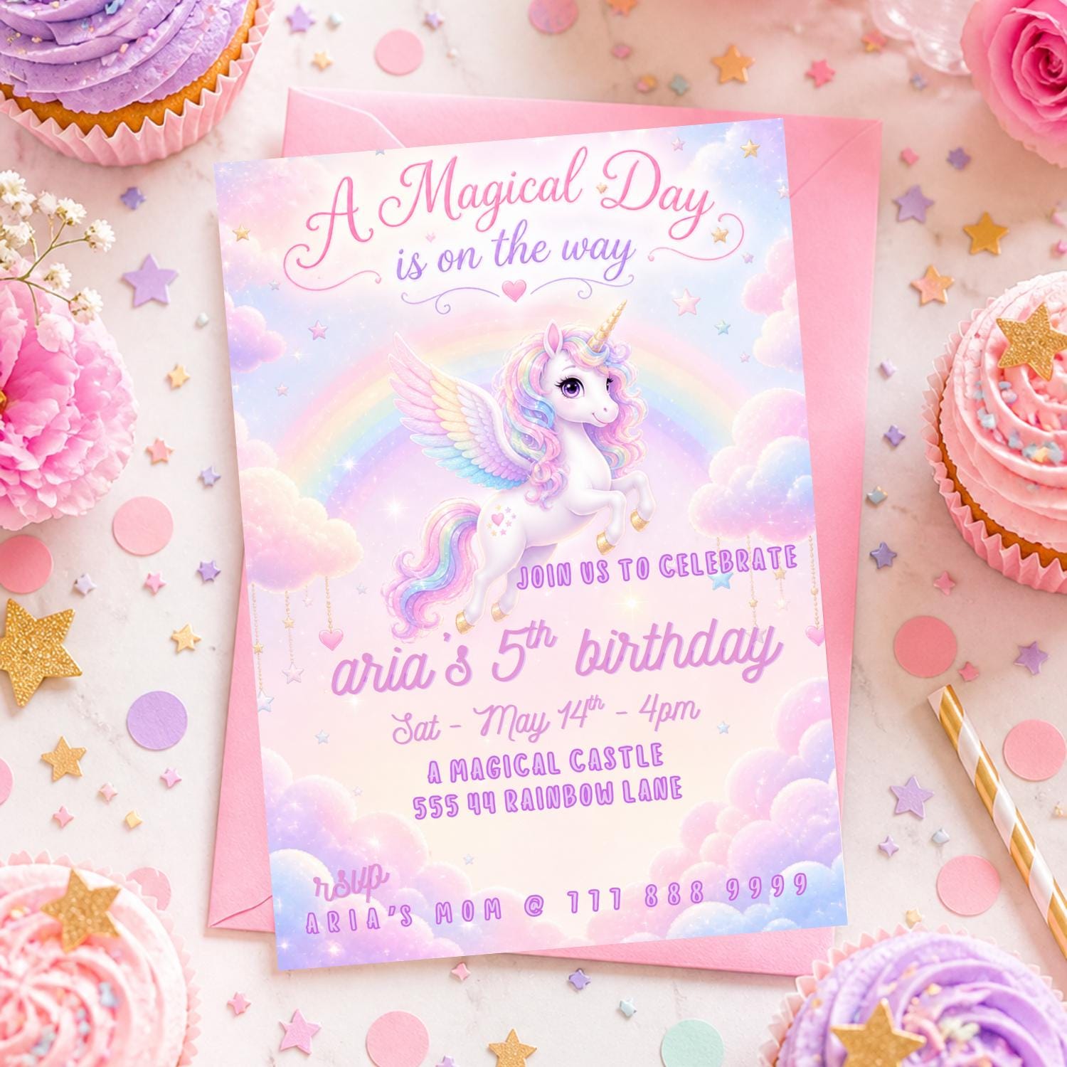 Editable Rainbow Unicorn Birthday Invitation preview 5