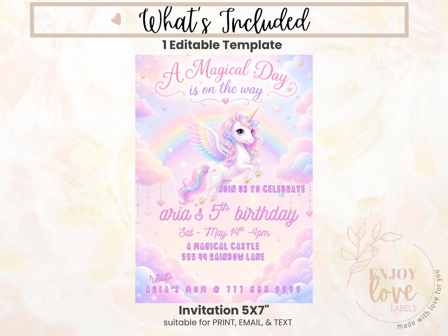 Editable Rainbow Unicorn Birthday Invitation preview 9