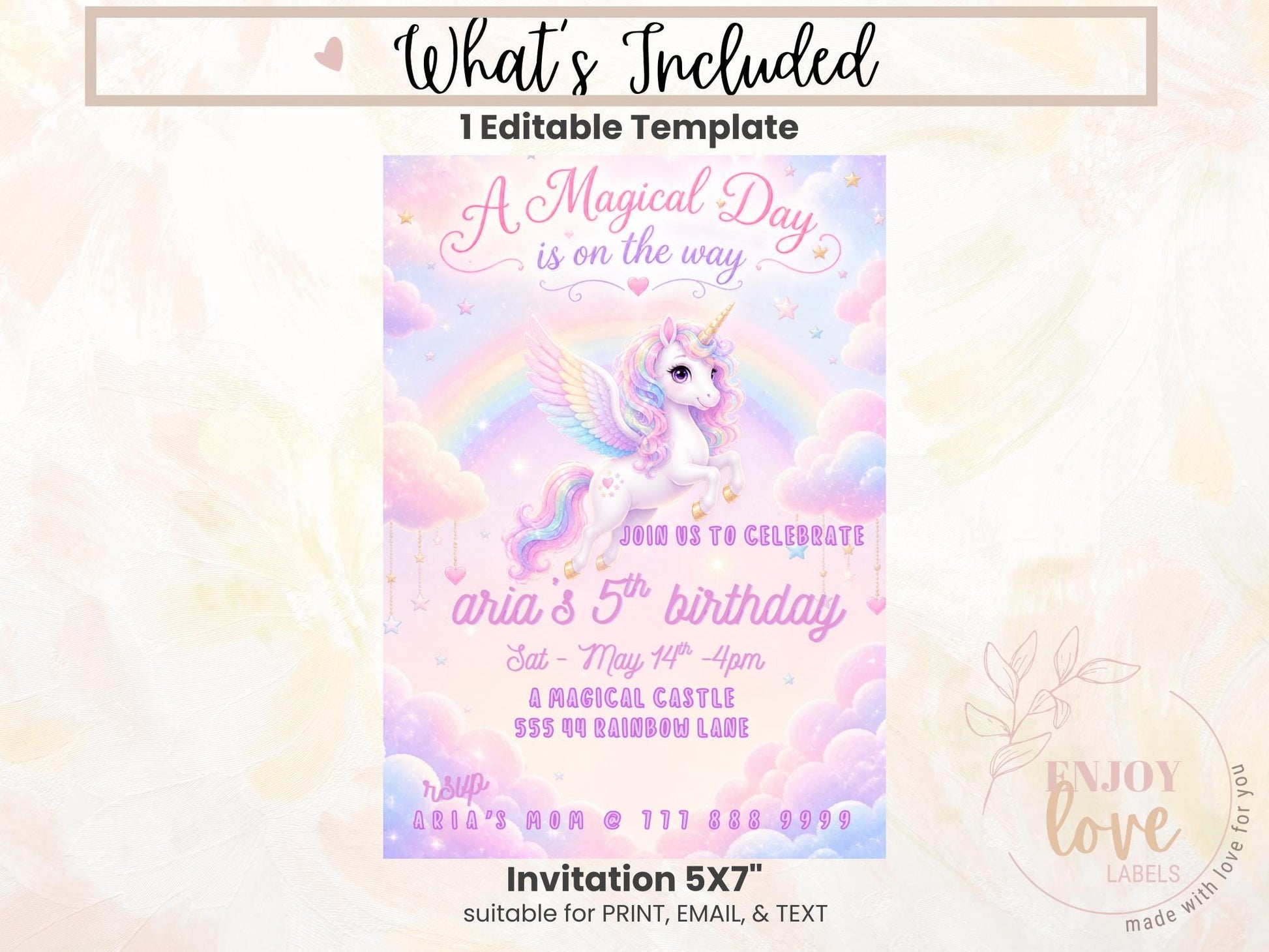 Editable Rainbow Unicorn Birthday Invitation preview 9