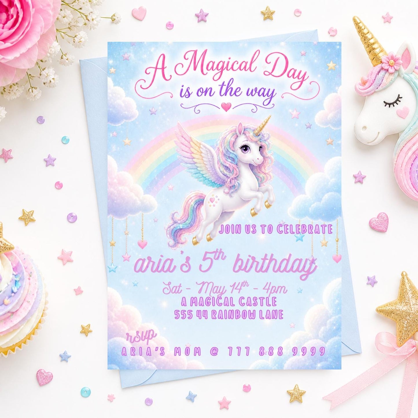 Editable Blue Unicorn Birthday Invitation preview 7
