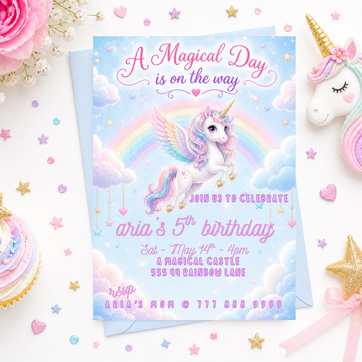 Editable Blue Unicorn Birthday Invitation preview 7