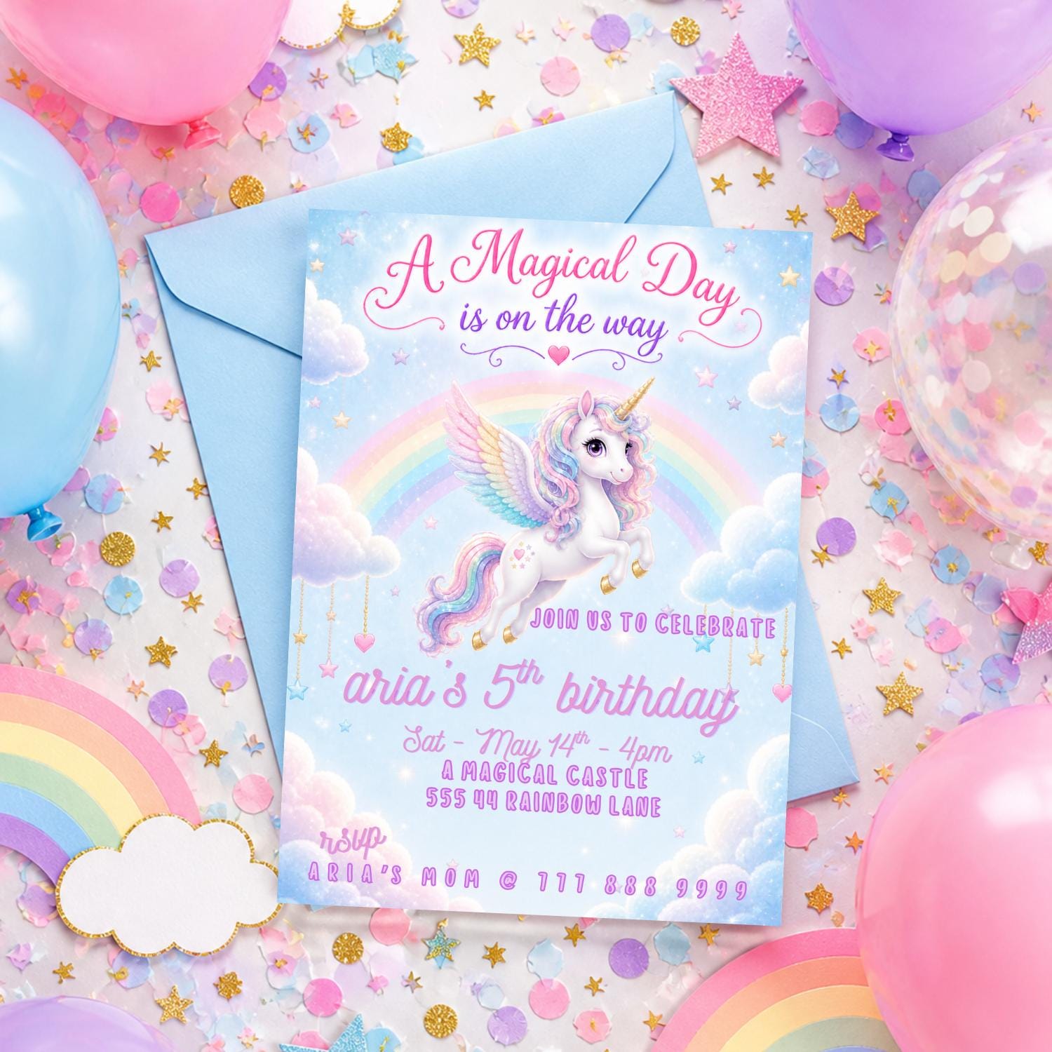 Editable Blue Unicorn Birthday Invitation preview 5