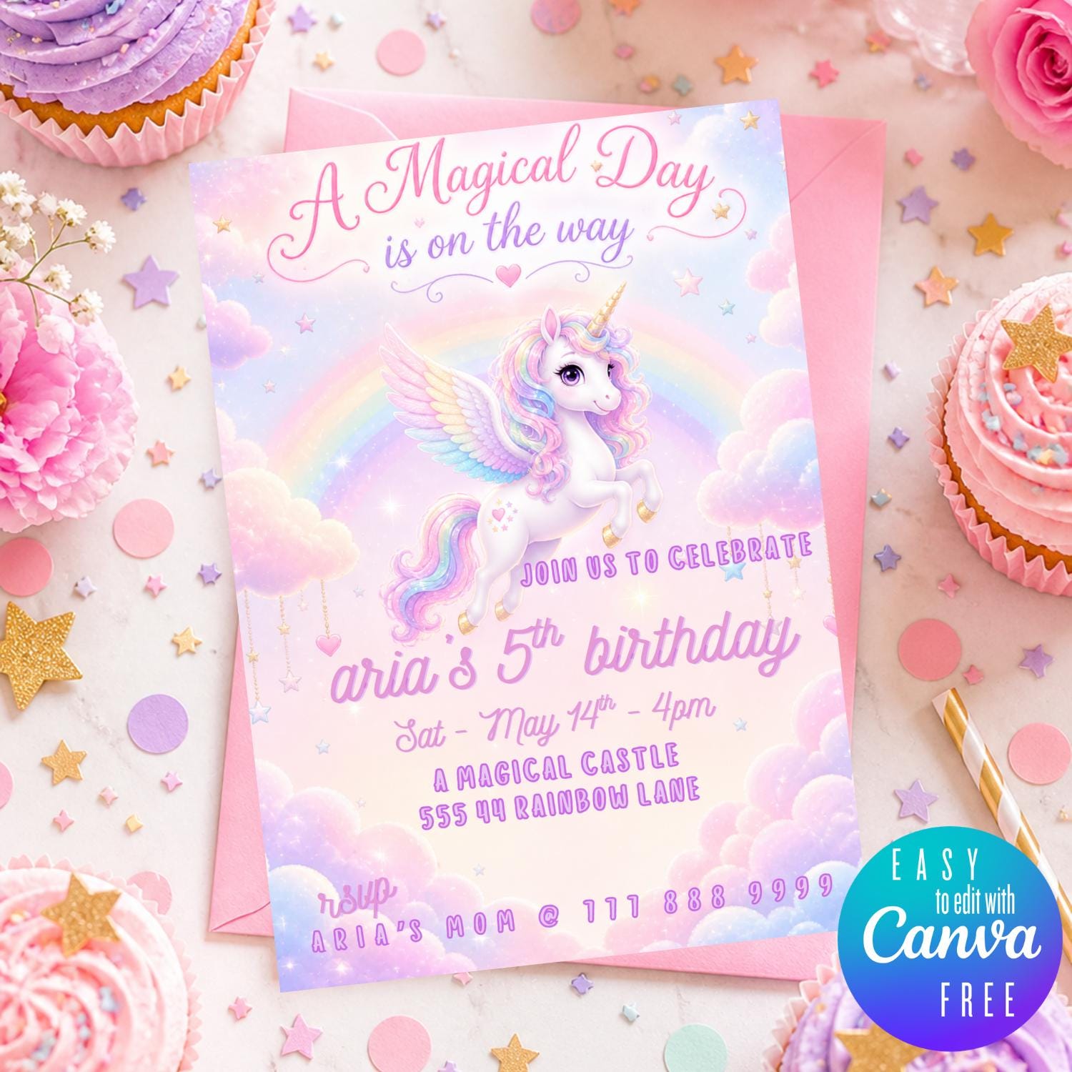 Editable Rainbow Unicorn Birthday Invitation preview 3