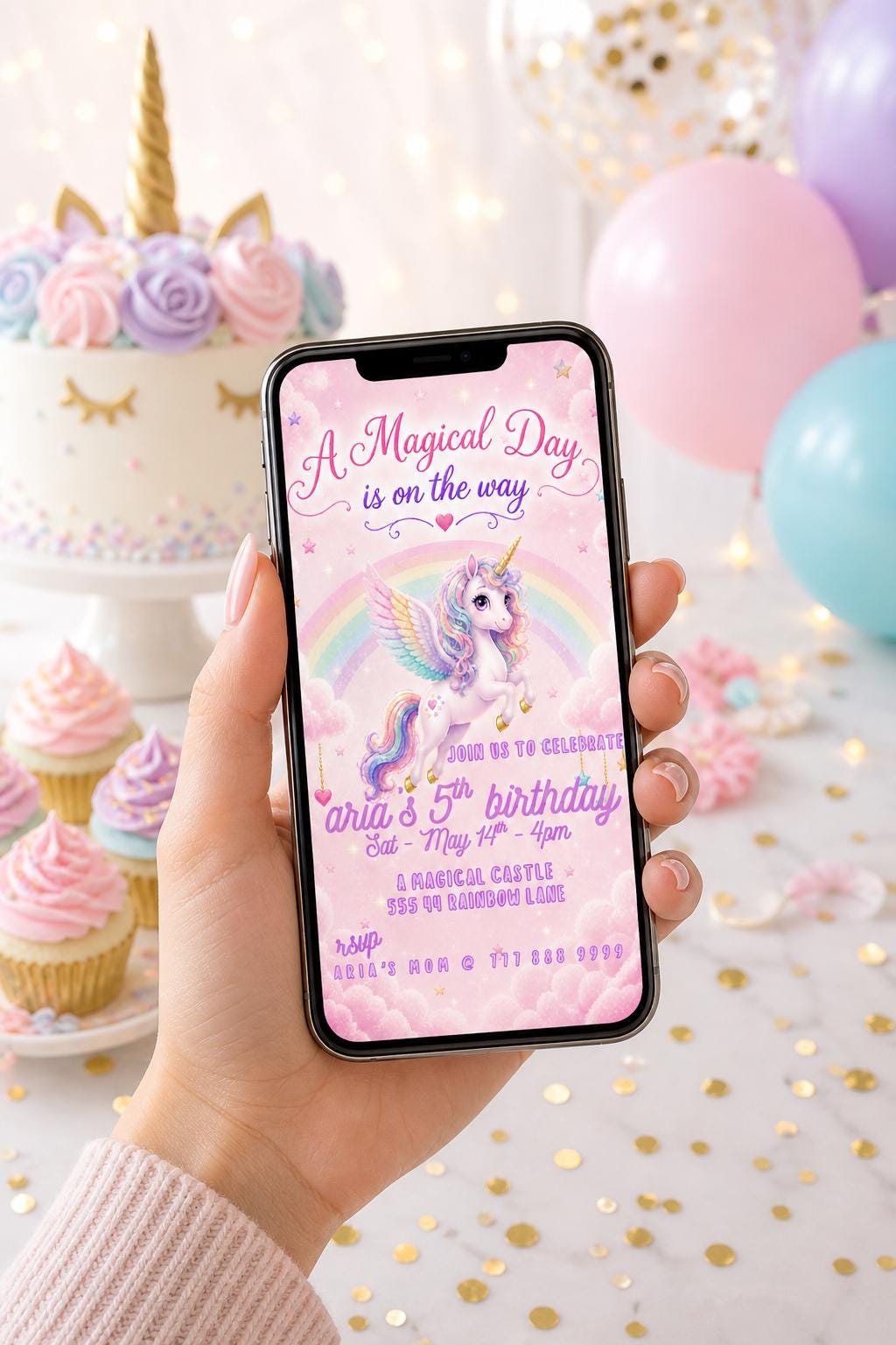 Editable Pink Unicorn Birthday Invitation preview 6