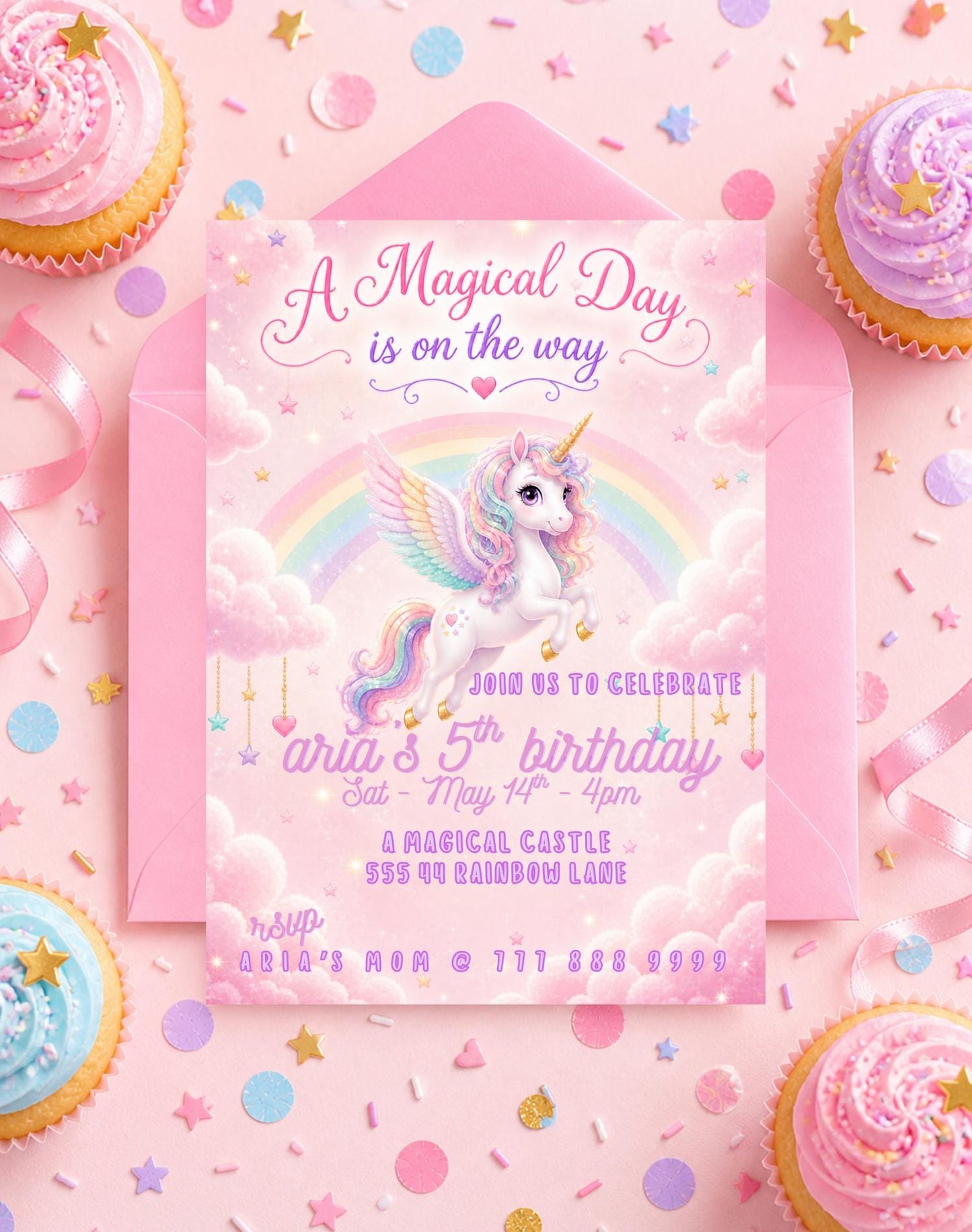 Editable Pink Unicorn Birthday Invitation preview 5