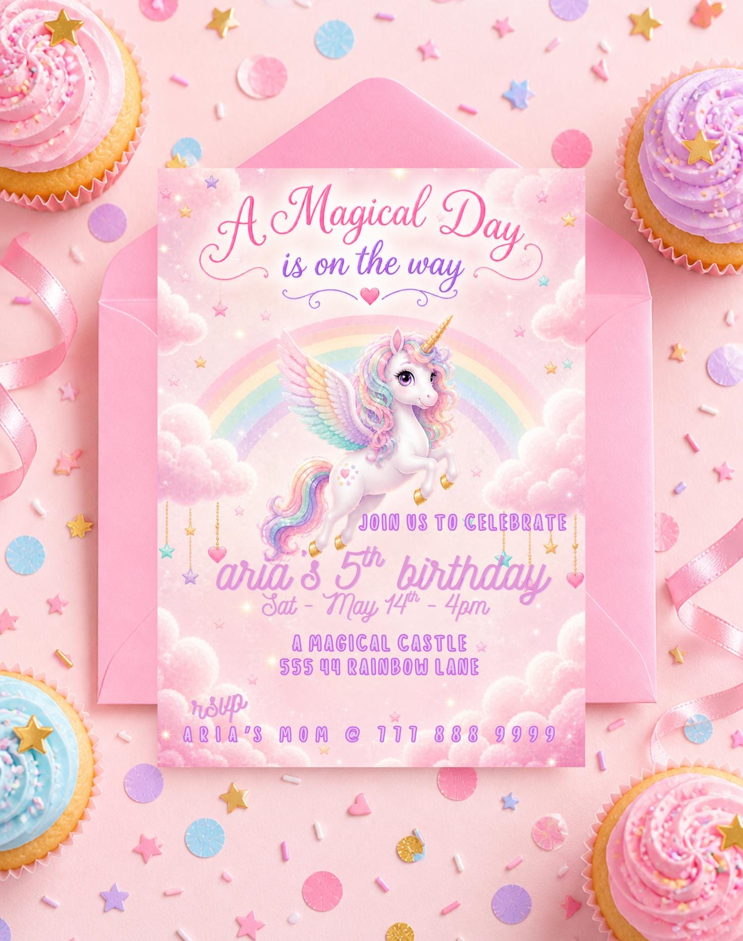 Editable Pink Unicorn Birthday Invitation preview 5