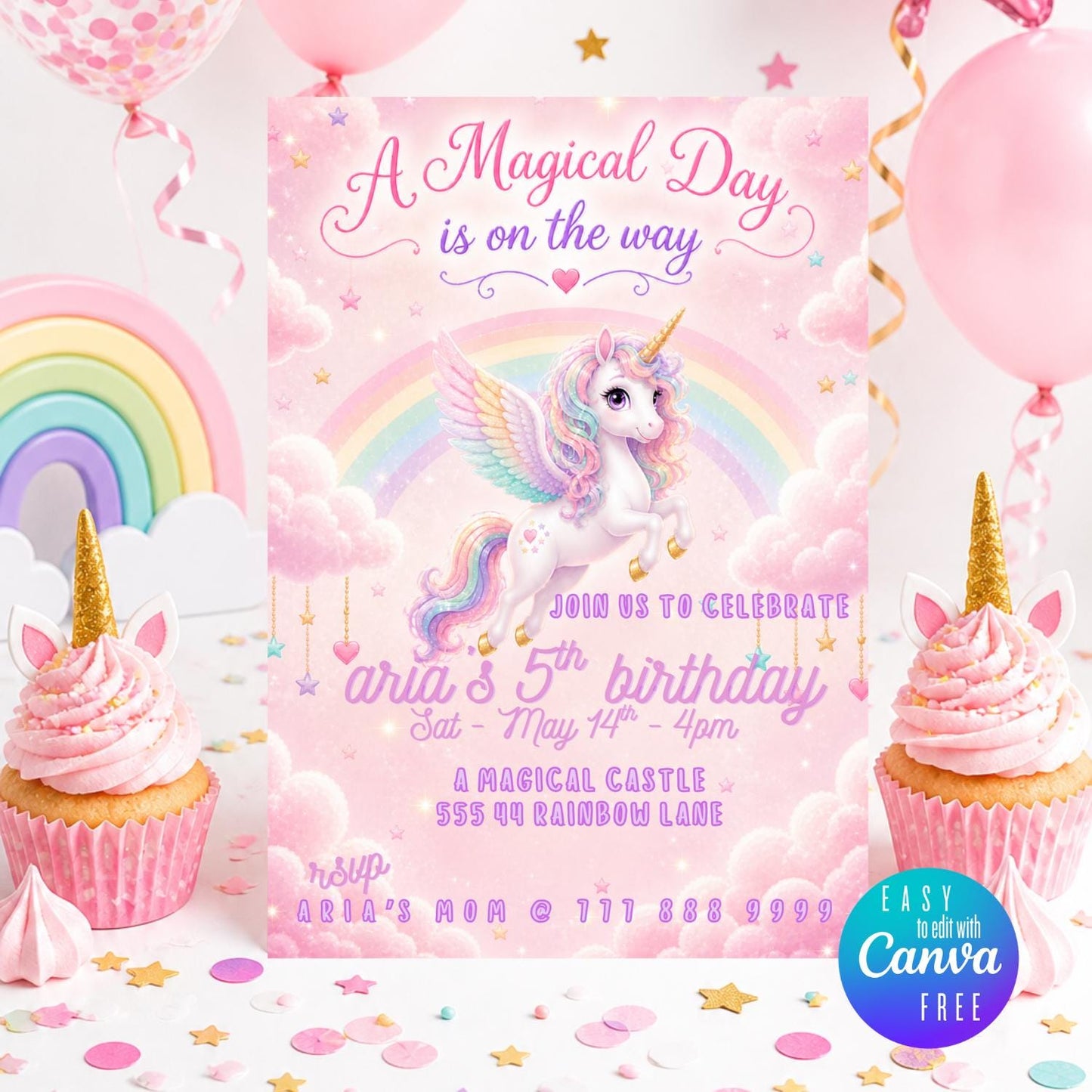 Editable Pink Unicorn Birthday Invitation preview 3