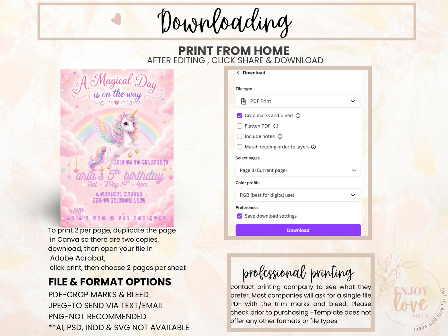 Editable Pink Unicorn Birthday Invitation preview 10