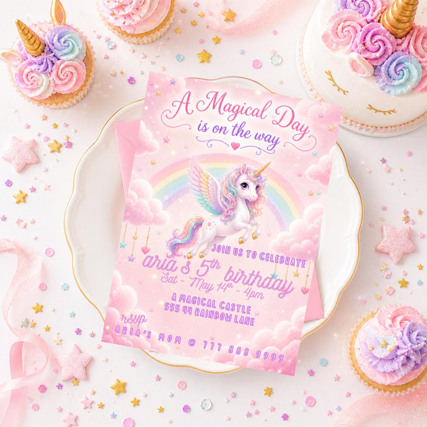 Editable Pink Unicorn Birthday Invitation preview 7