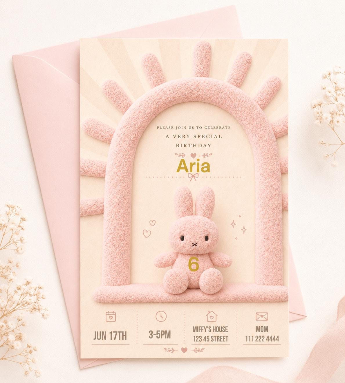 Editable Pink Plush Bunny Birthday Invitation preview 4