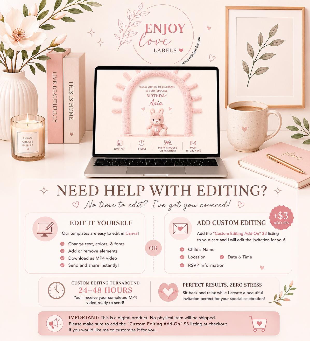 Editable Pink Plush Bunny Birthday Invitation preview 10