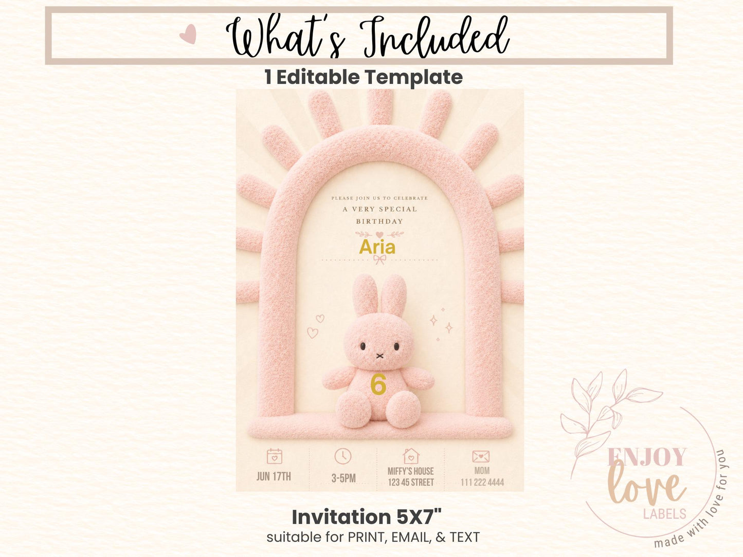 Editable Pink Plush Bunny Birthday Invitation preview 11
