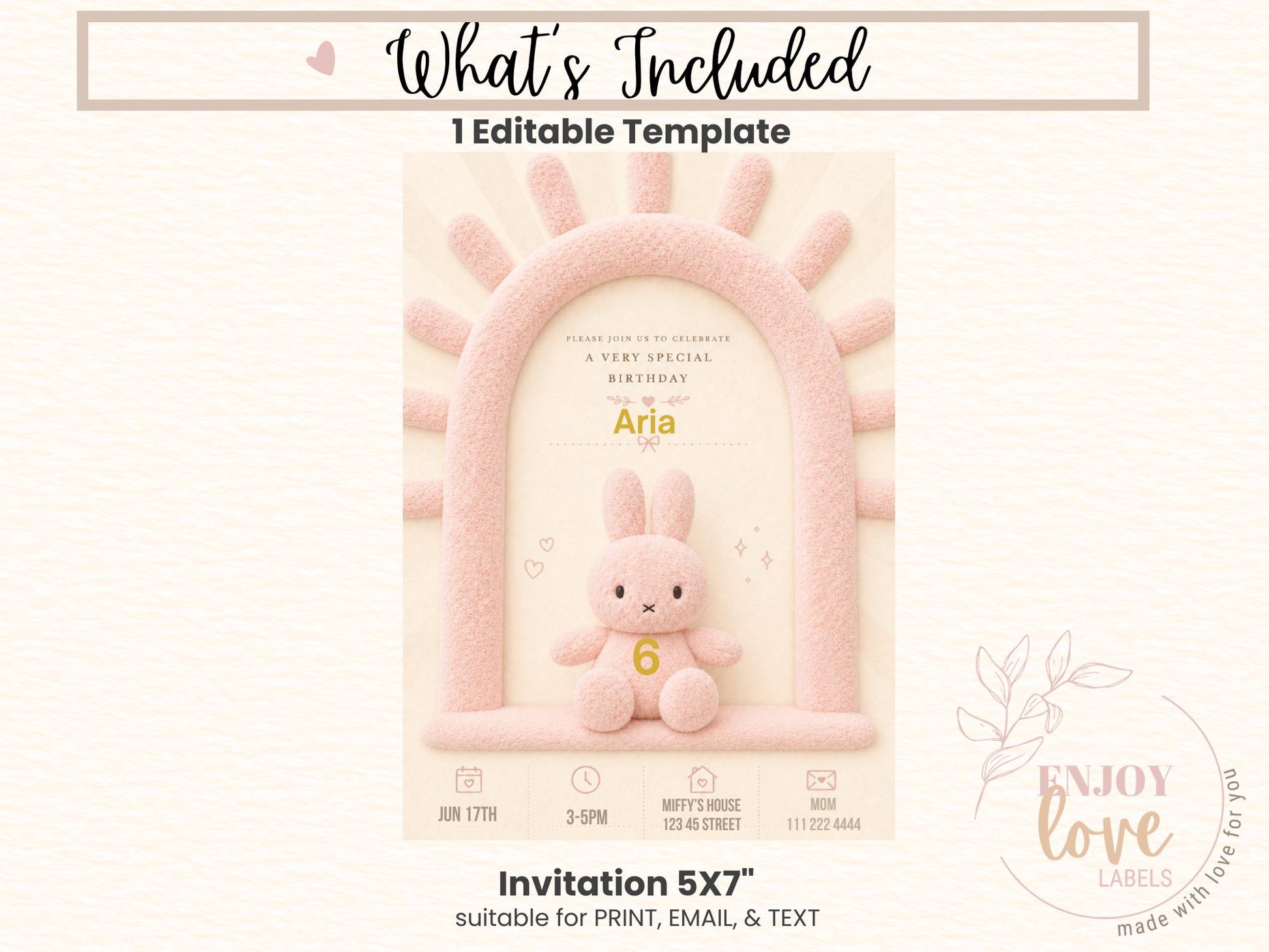 Editable Pink Plush Bunny Birthday Invitation preview 11