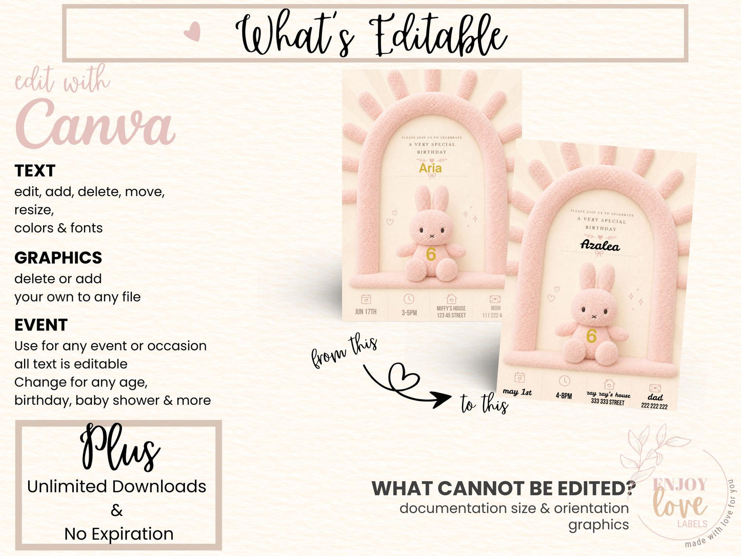 Editable Pink Plush Bunny Birthday Invitation preview 12