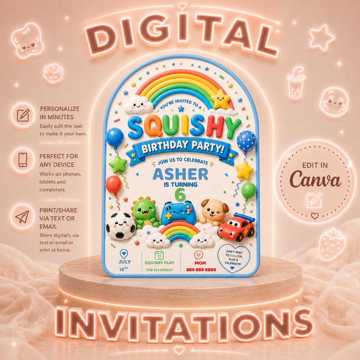 Editable Boy Squishy Birthday Invitation digital product
