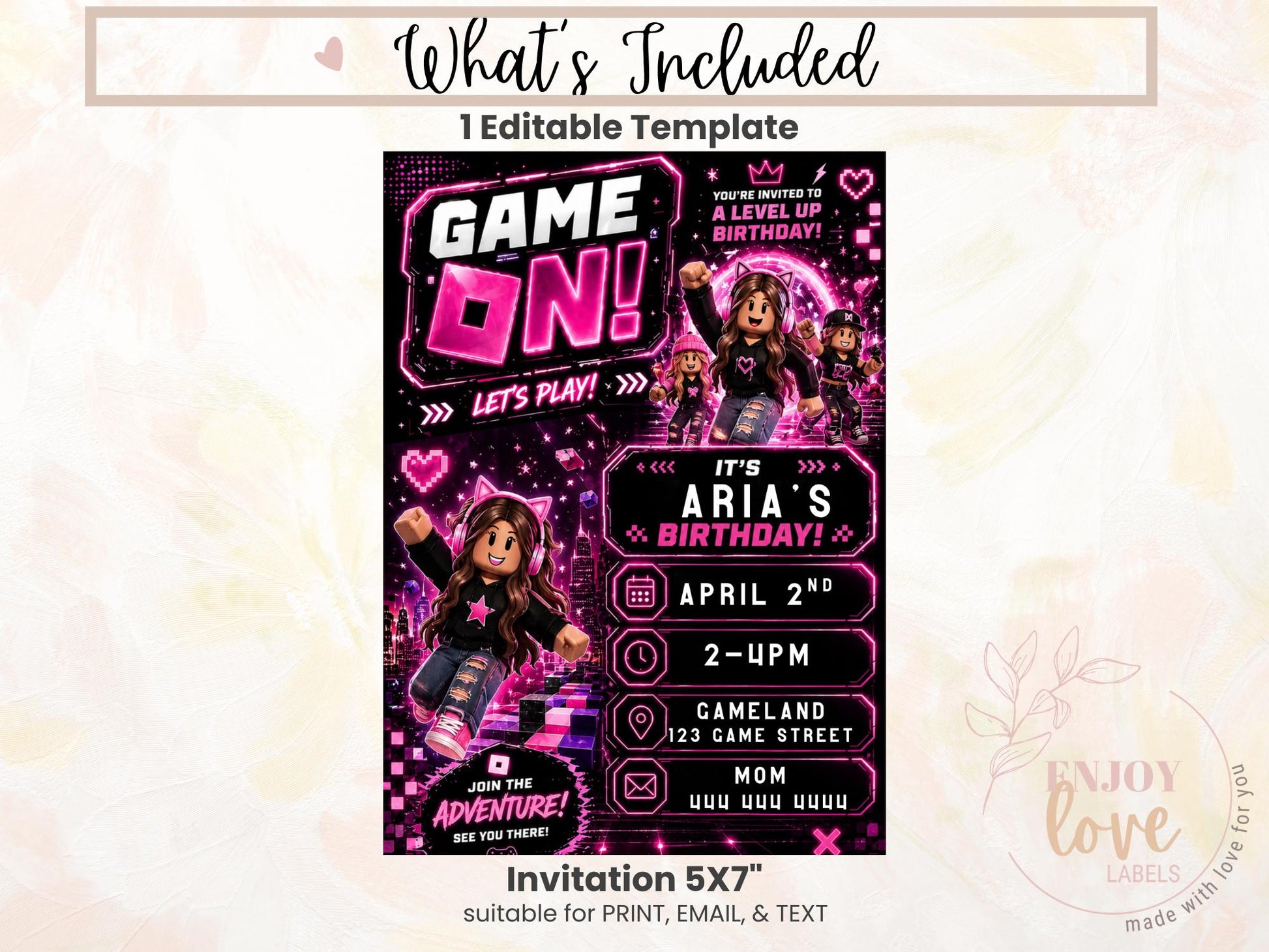 Editable Pink Gamer Girl Birthday Invitation preview 7