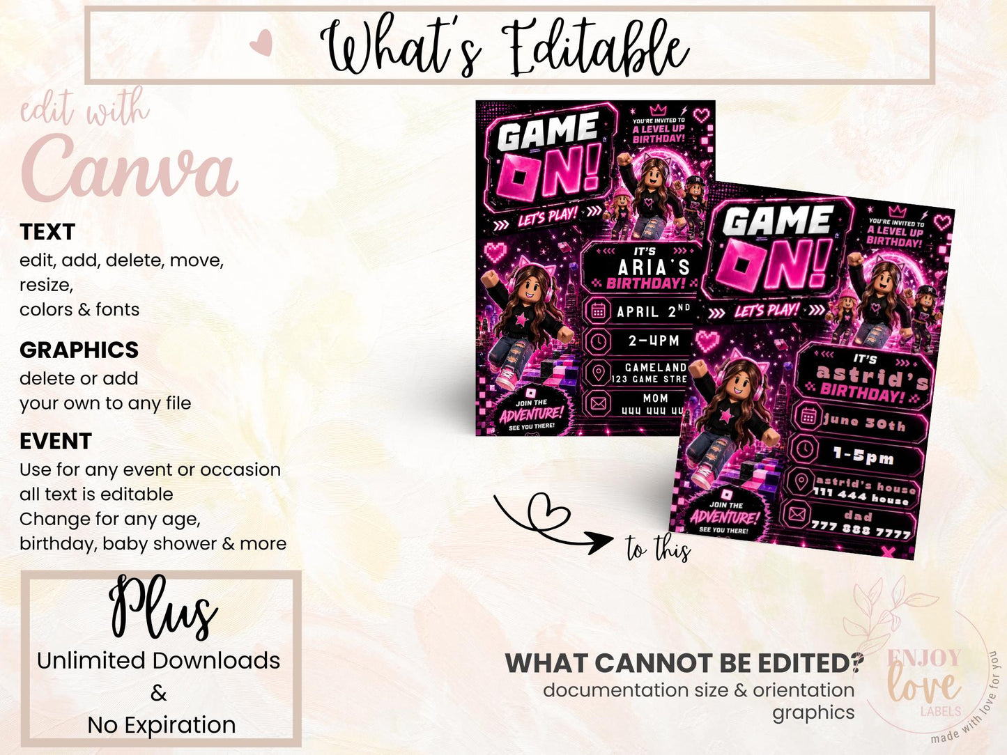 Editable Pink Gamer Girl Birthday Invitation preview 8