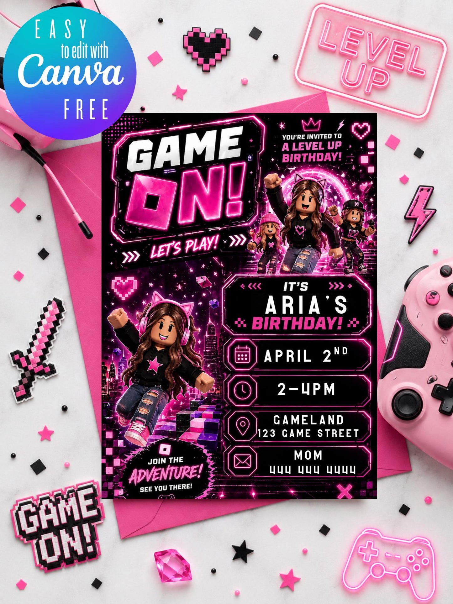 Editable Pink Gamer Girl Birthday Invitation preview 3