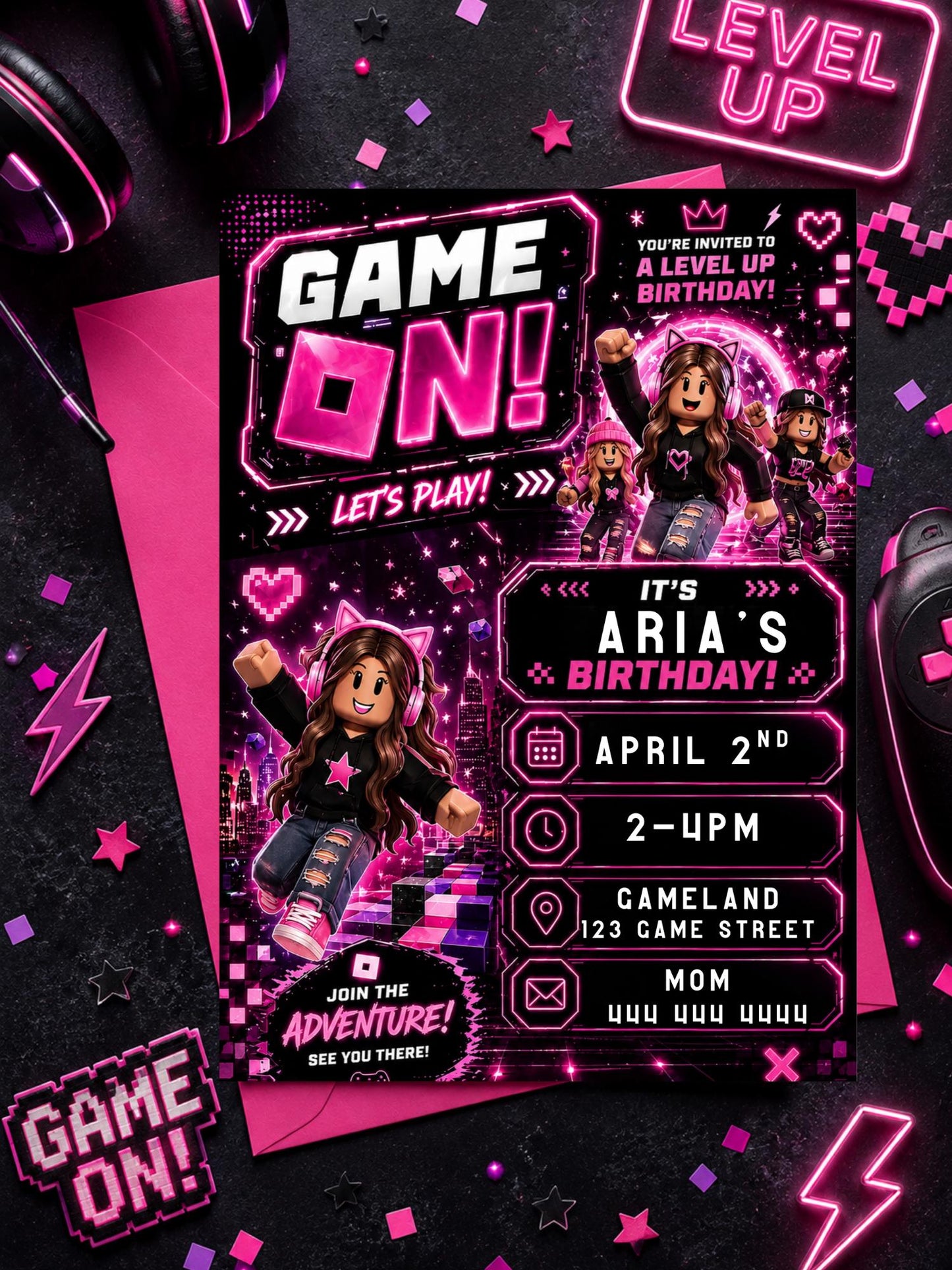 Editable Pink Gamer Girl Birthday Invitation preview 6
