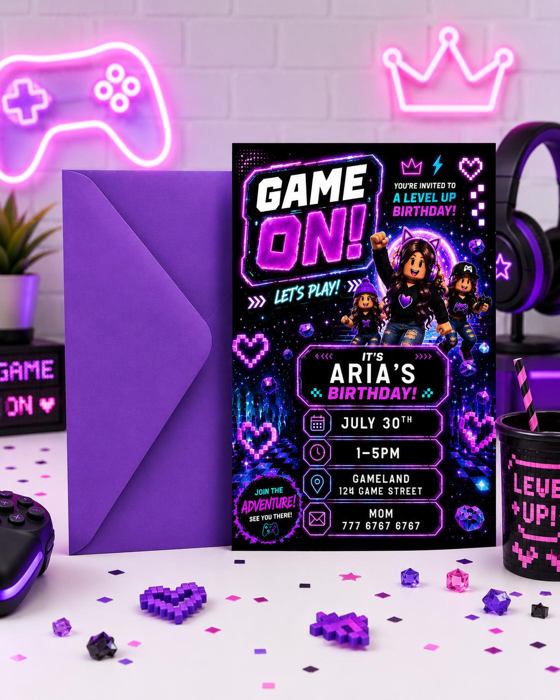 Editable Purple Gamer Girl Birthday Invitation preview 4