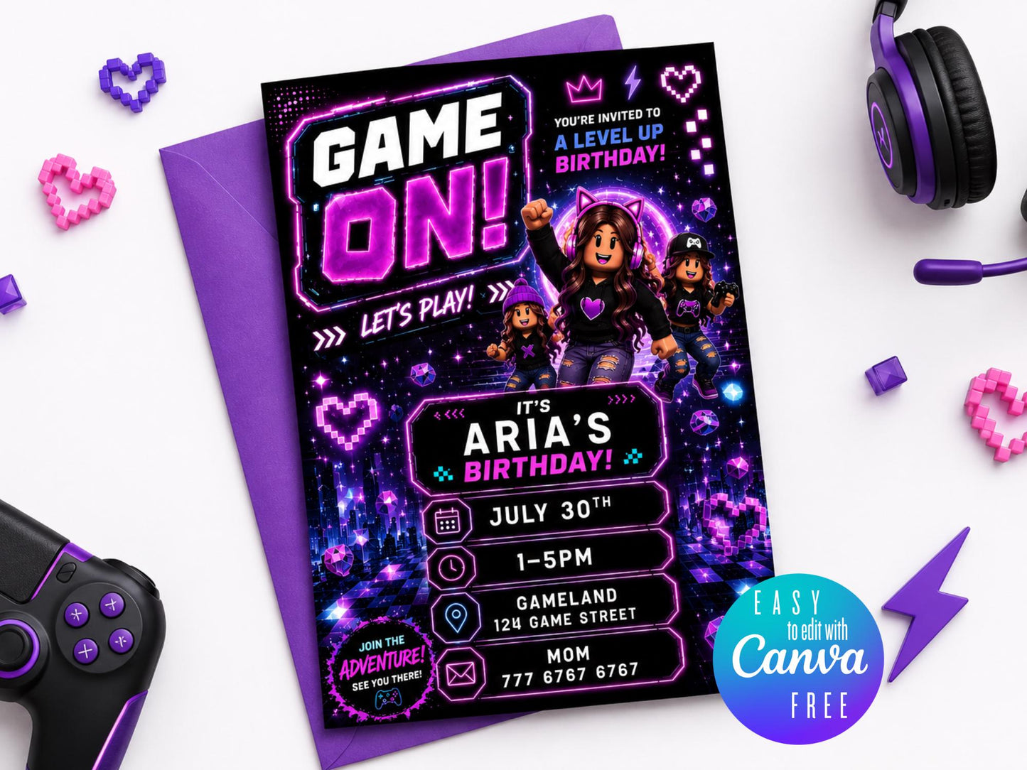Editable Purple Gamer Girl Birthday Invitation preview 3