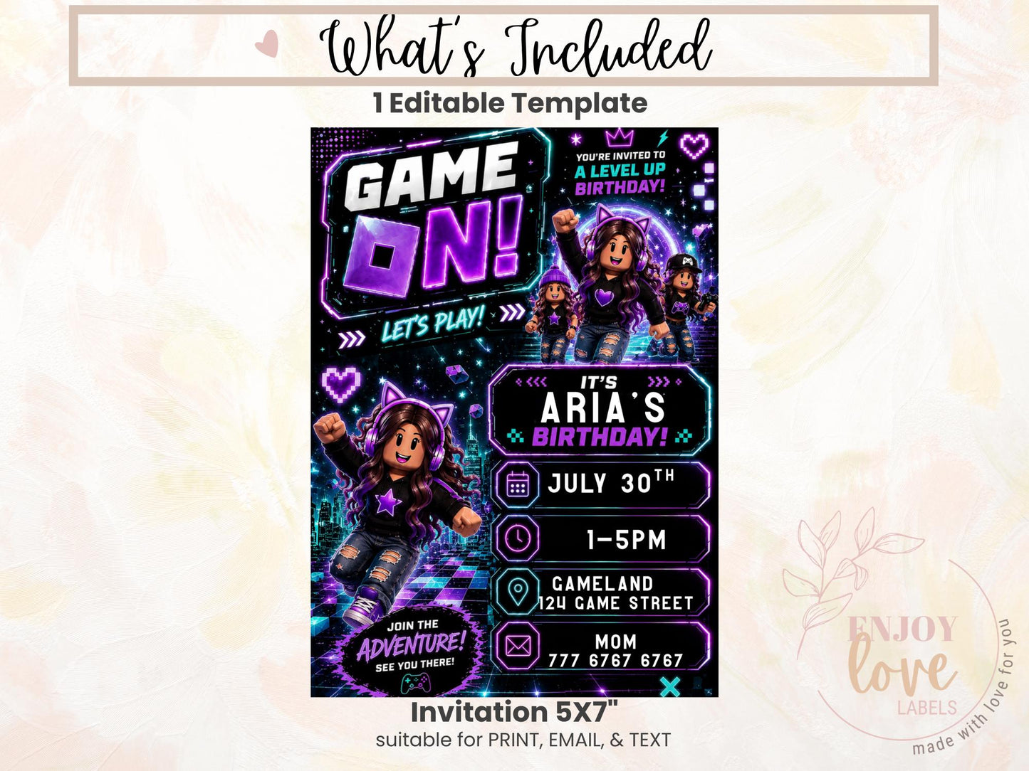 Editable Purple Gamer Girl Birthday Invitation preview 7