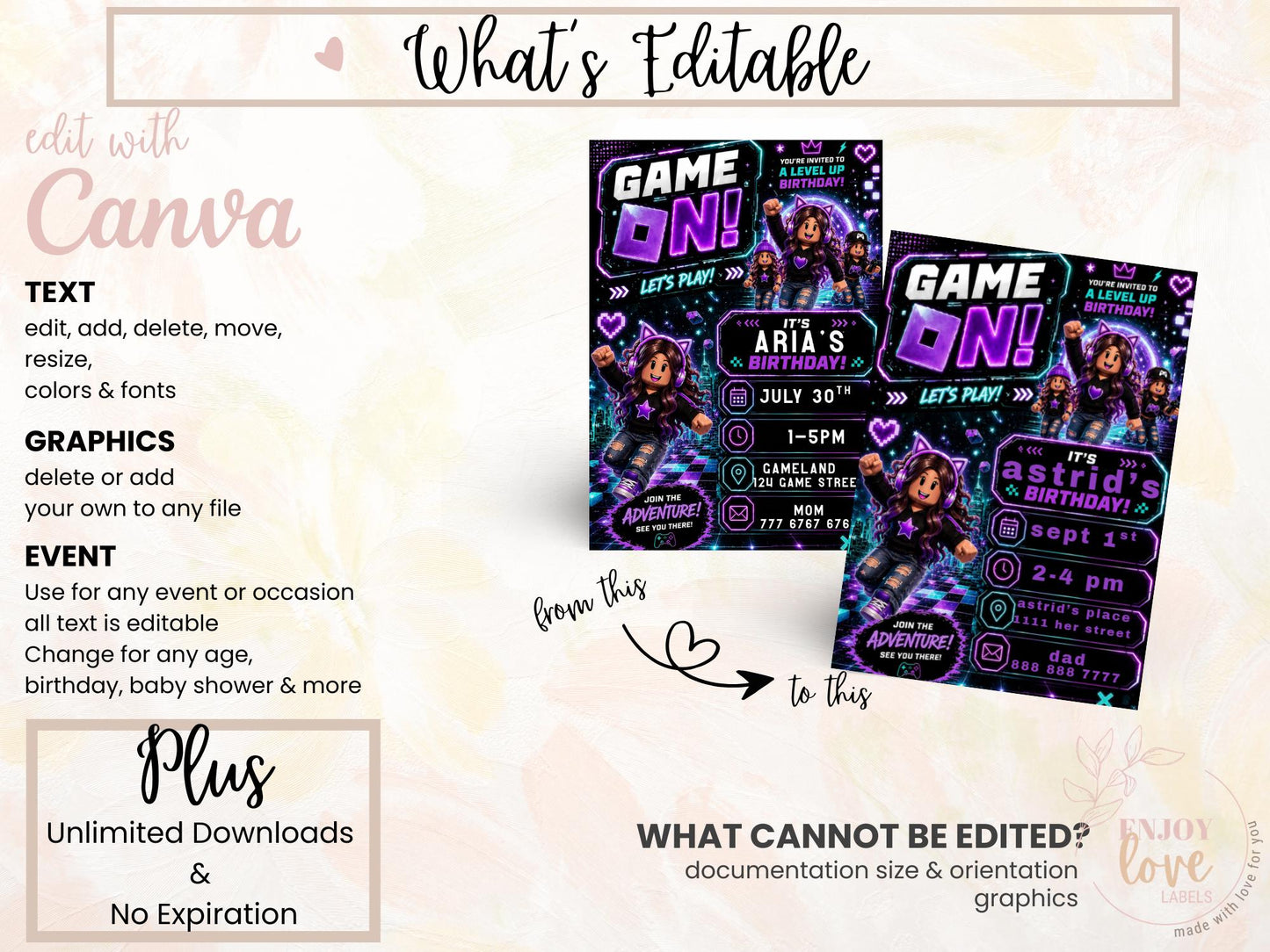 Editable Purple Gamer Girl Birthday Invitation preview 8