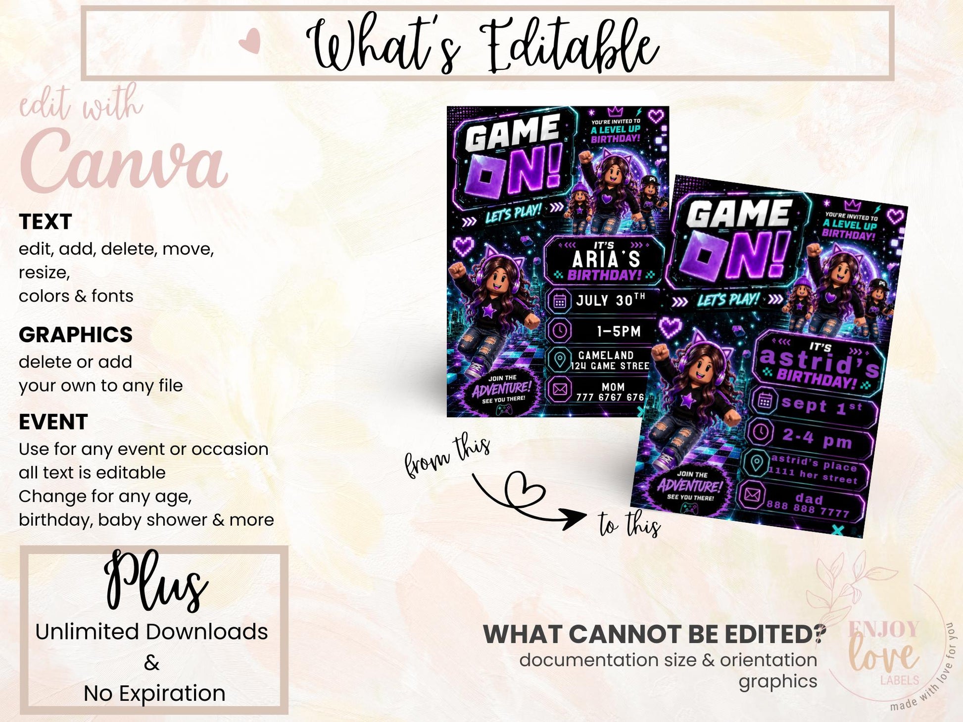 Editable Purple Gamer Girl Birthday Invitation preview 8