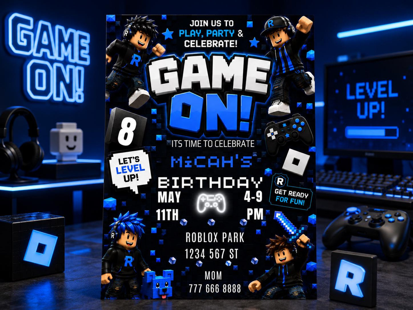 Editable Blue Gamer Birthday Invitation preview 5