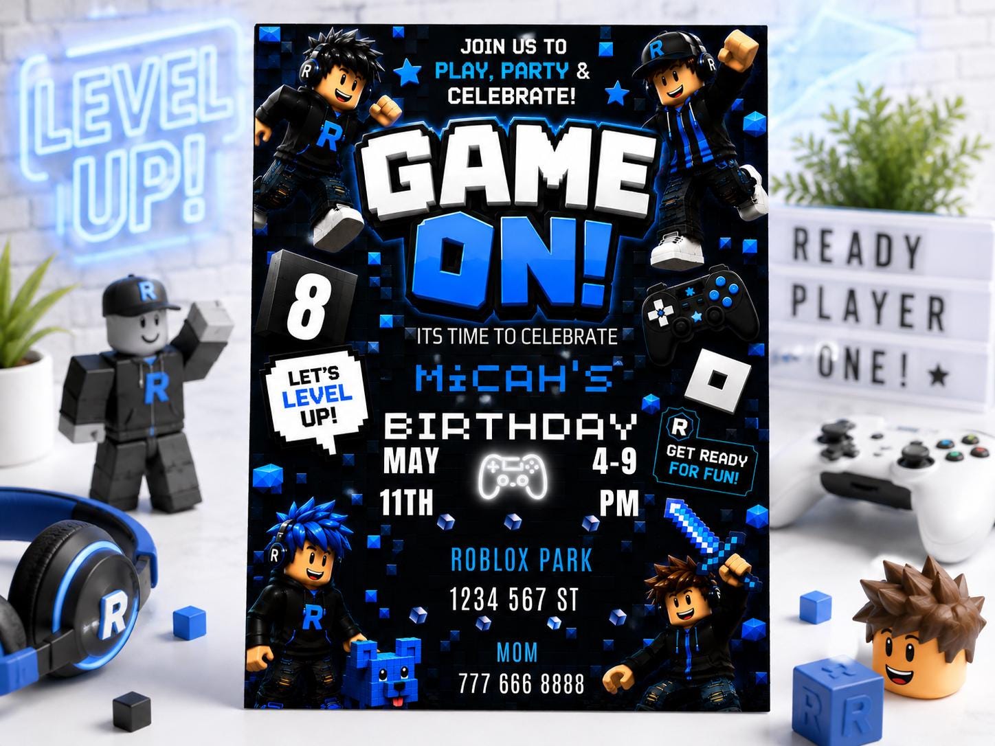 Editable Blue Gamer Birthday Invitation preview 4