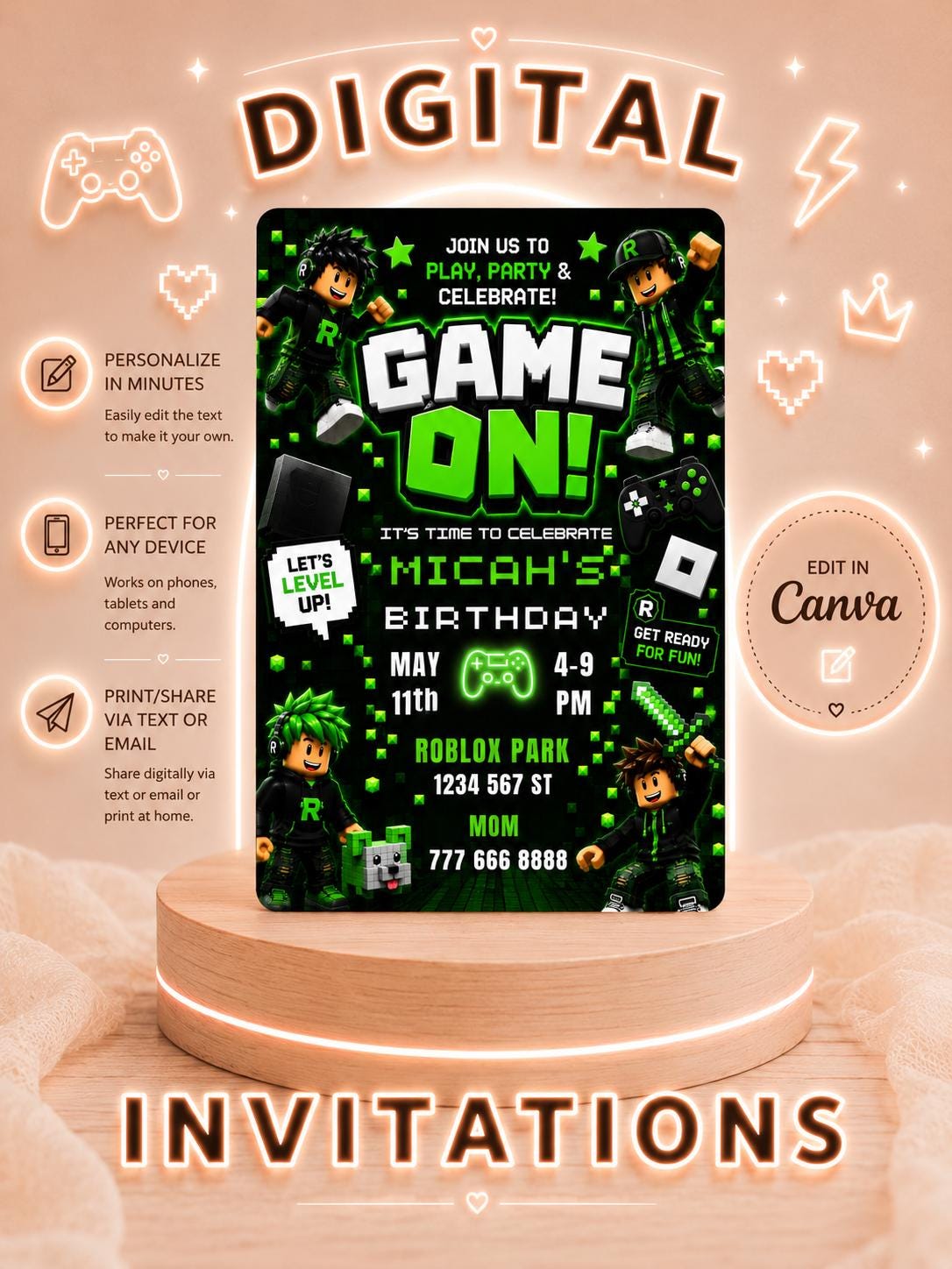 Editable Green Gamer Birthday Invitation digital product