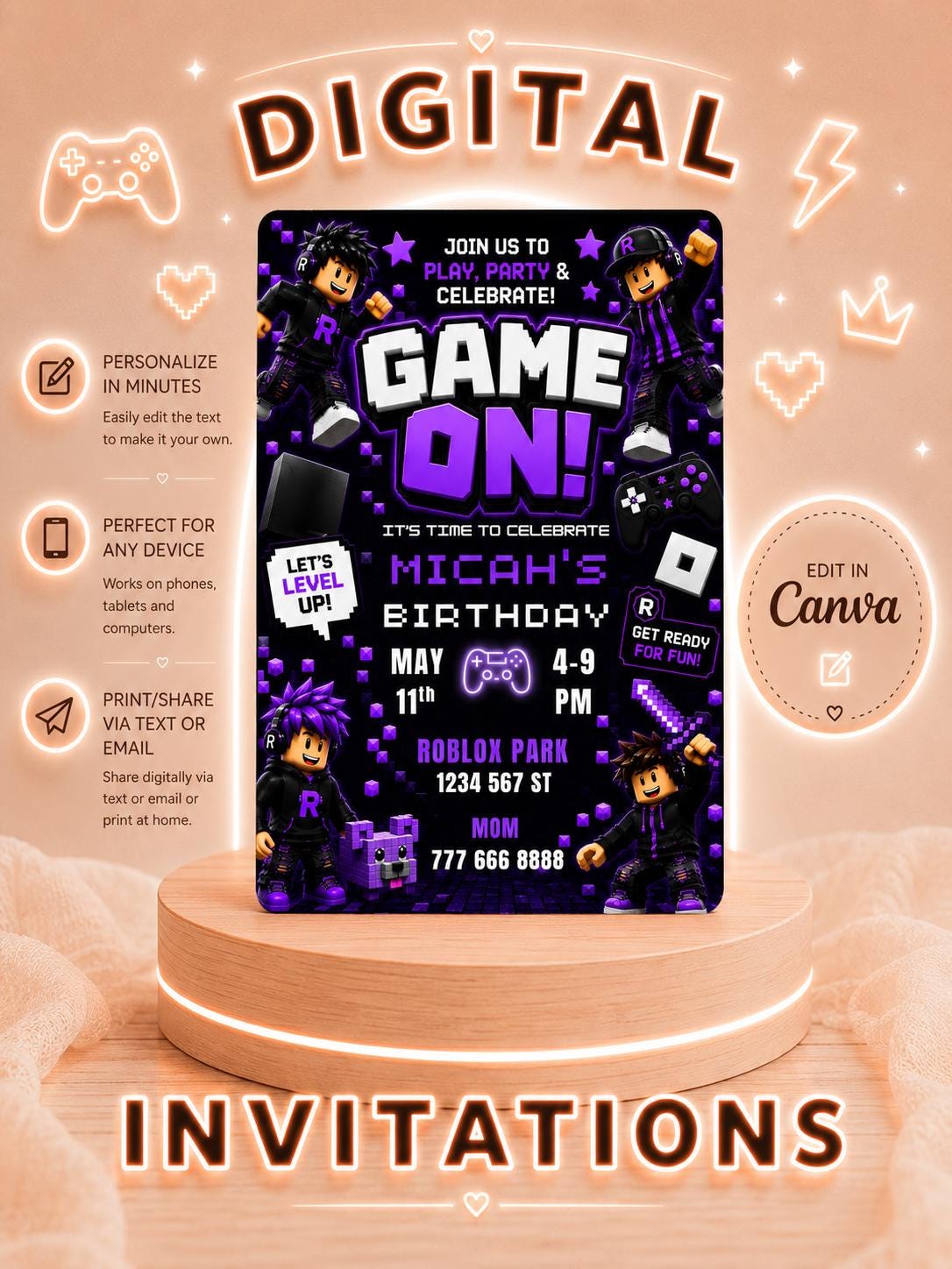 Roblox Gaming Birthday Invitation digital product