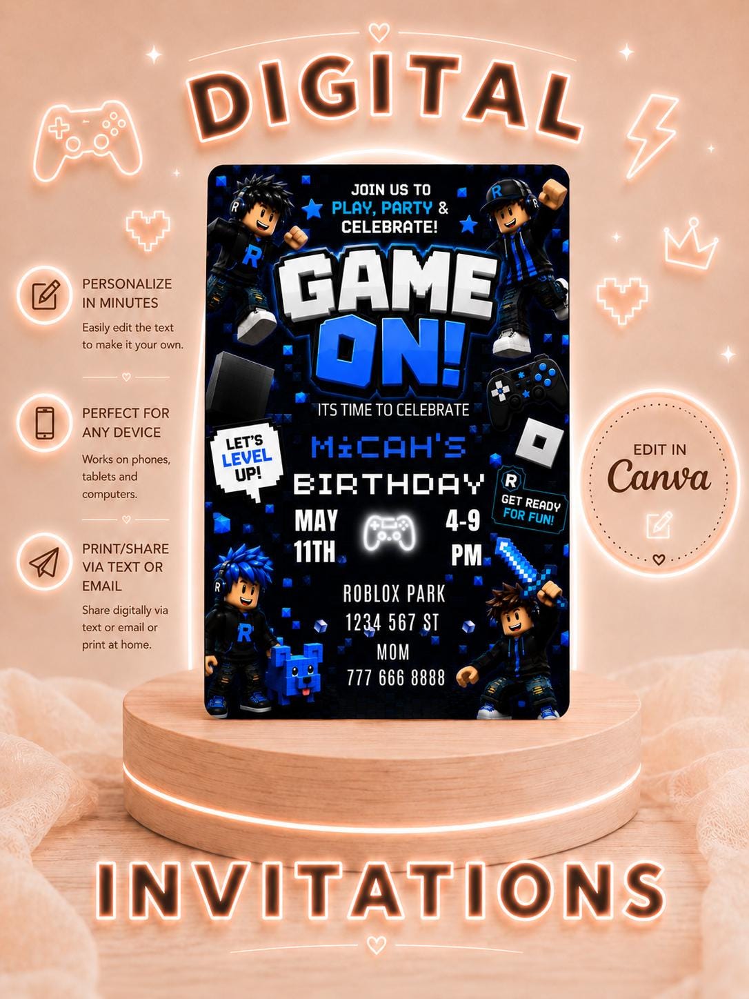 Editable Blue Gamer Birthday Invitation digital product