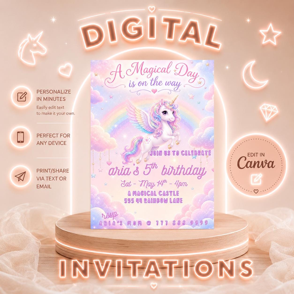 Editable Rainbow Unicorn Birthday Invitation digital product