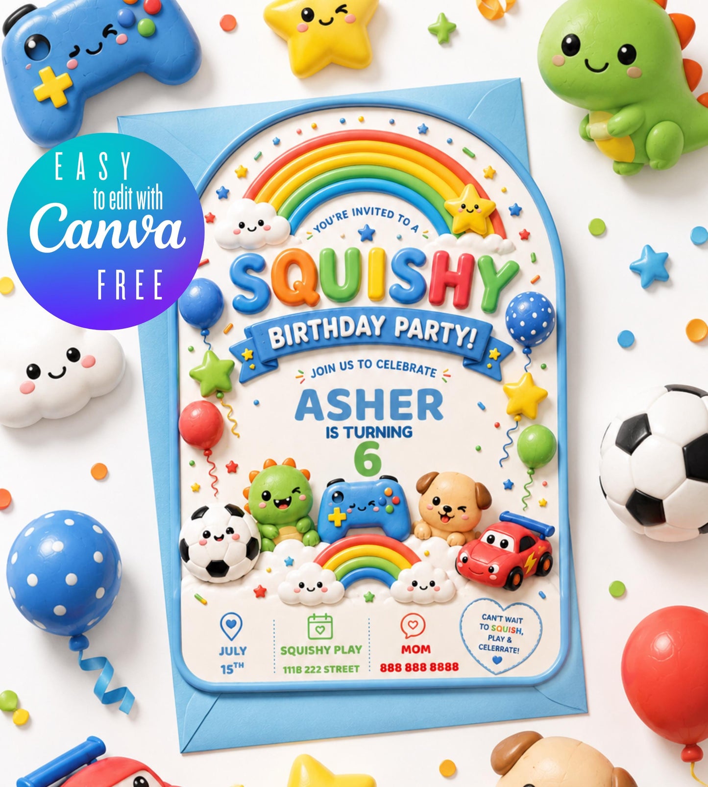 Editable Boy Squishy Birthday Invitation preview 3