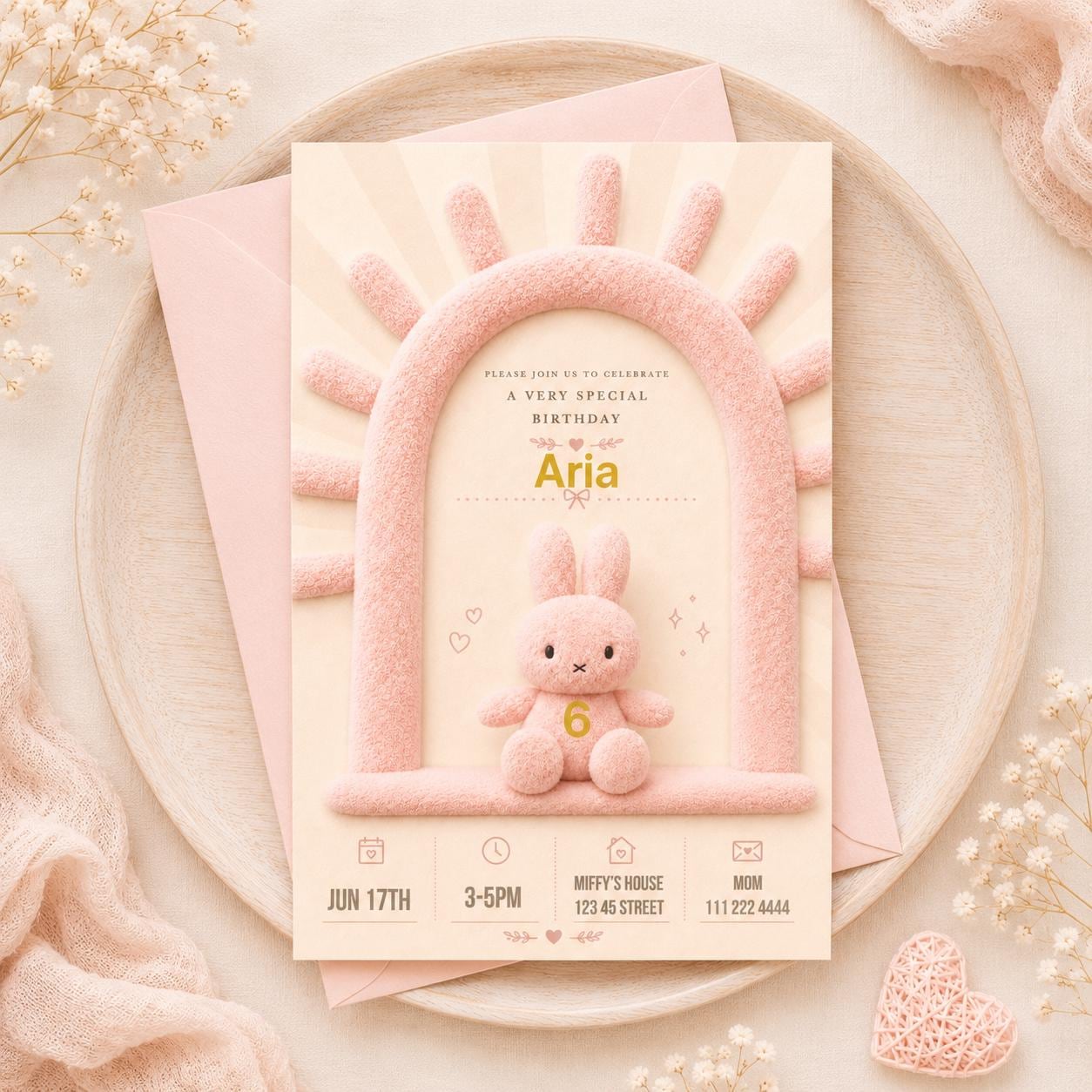 Editable Pink Plush Bunny Birthday Invitation preview 3