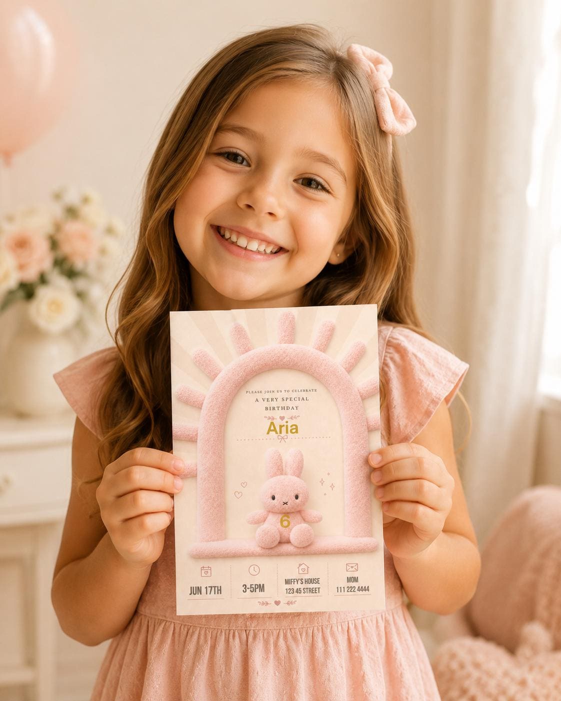 Editable Pink Plush Bunny Birthday Invitation preview 5