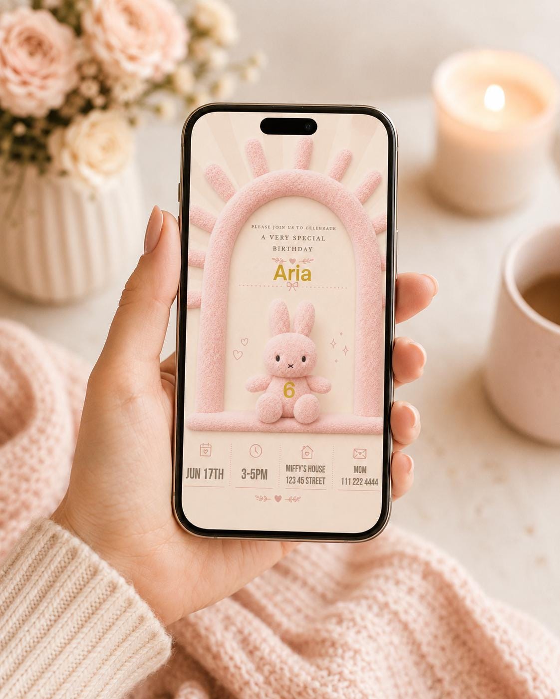 Editable Pink Plush Bunny Birthday Invitation preview 7