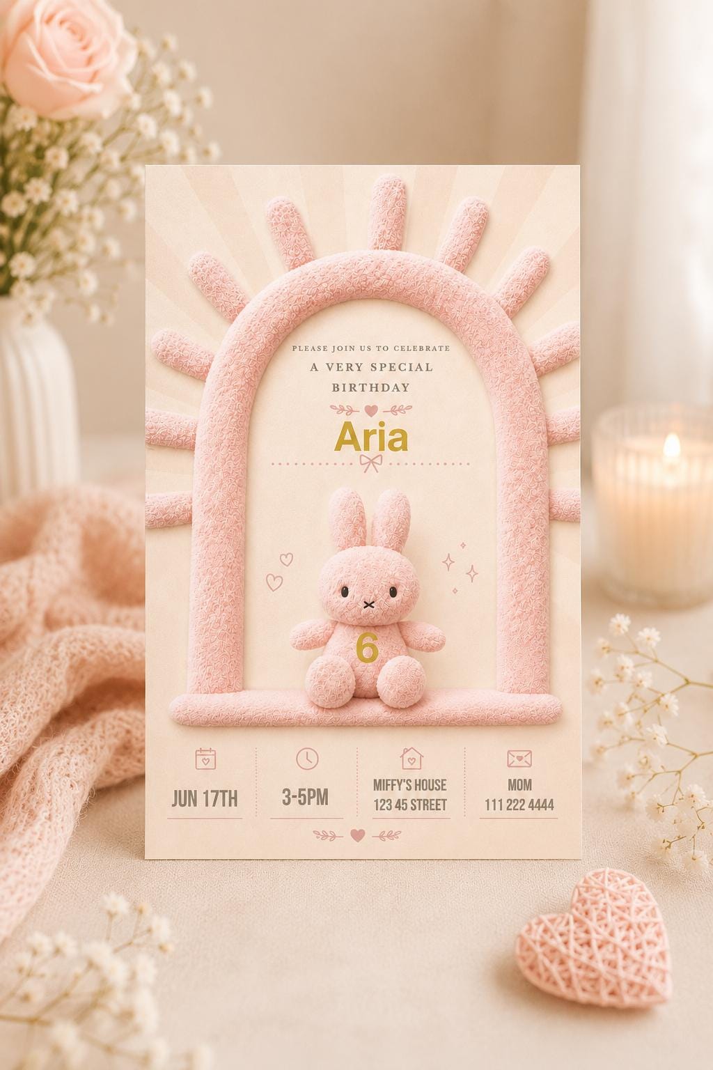 Editable Pink Plush Bunny Birthday Invitation preview 6