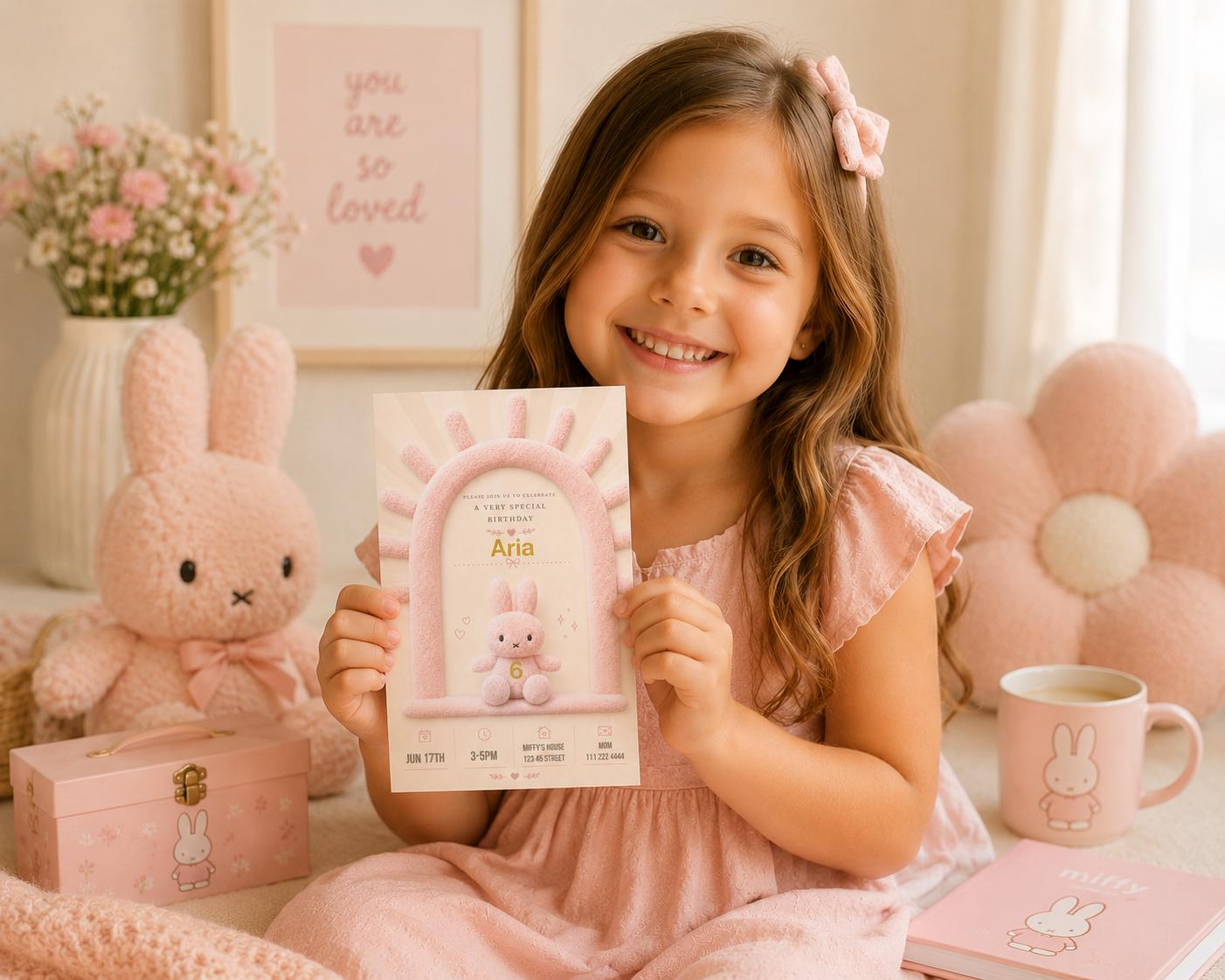 Editable Pink Plush Bunny Birthday Invitation preview 8