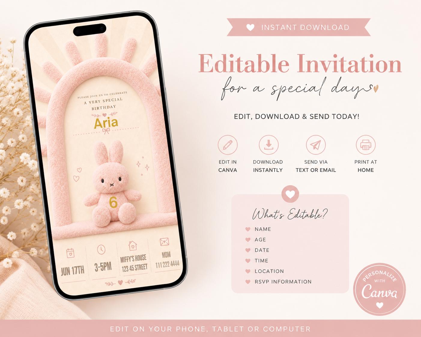 Editable Pink Plush Bunny Birthday Invitation preview 9