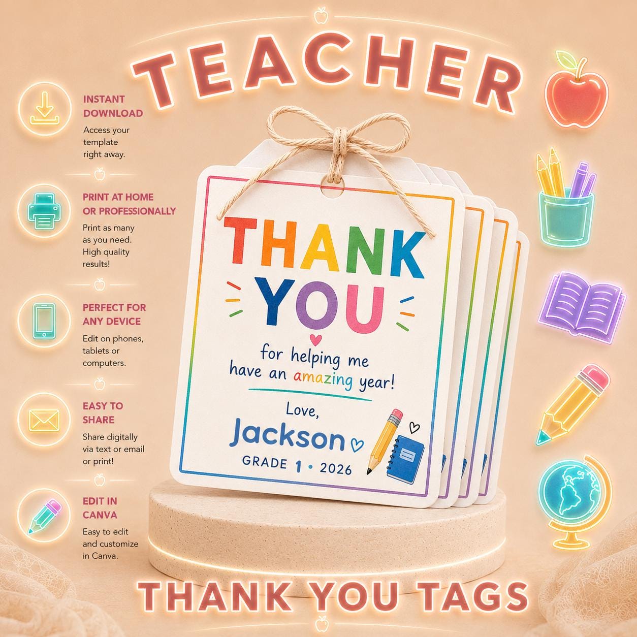 Editable Blue Teacher Thank You Gift Tag digital product
