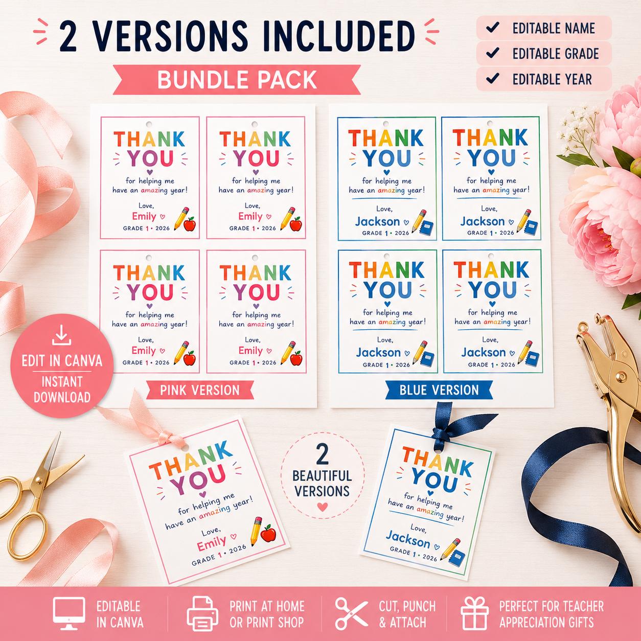 Editable Pink and Blue Teacher Thank You Gift Tag Bundle preview 5