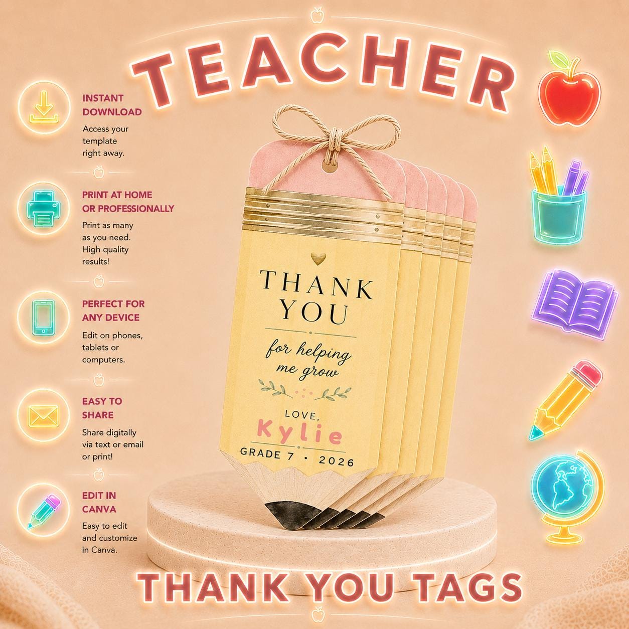 Editable Peach Teacher Thank You Gift Tag digital product