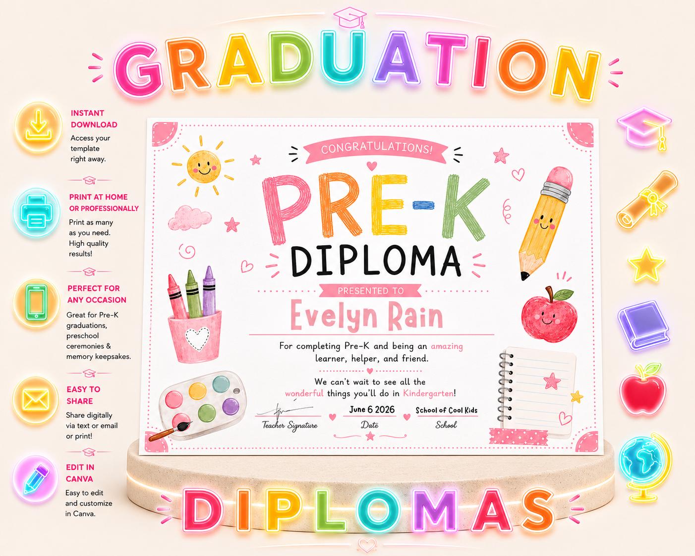 Editable Pink Pre-K Diploma preview 2