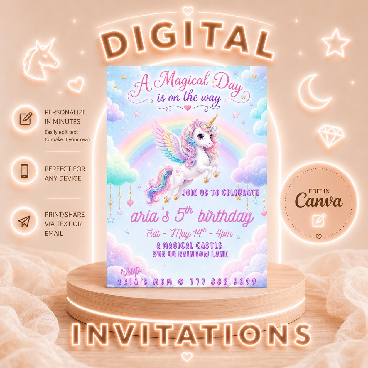 Editable Blue Unicorn Birthday Invitation digital product