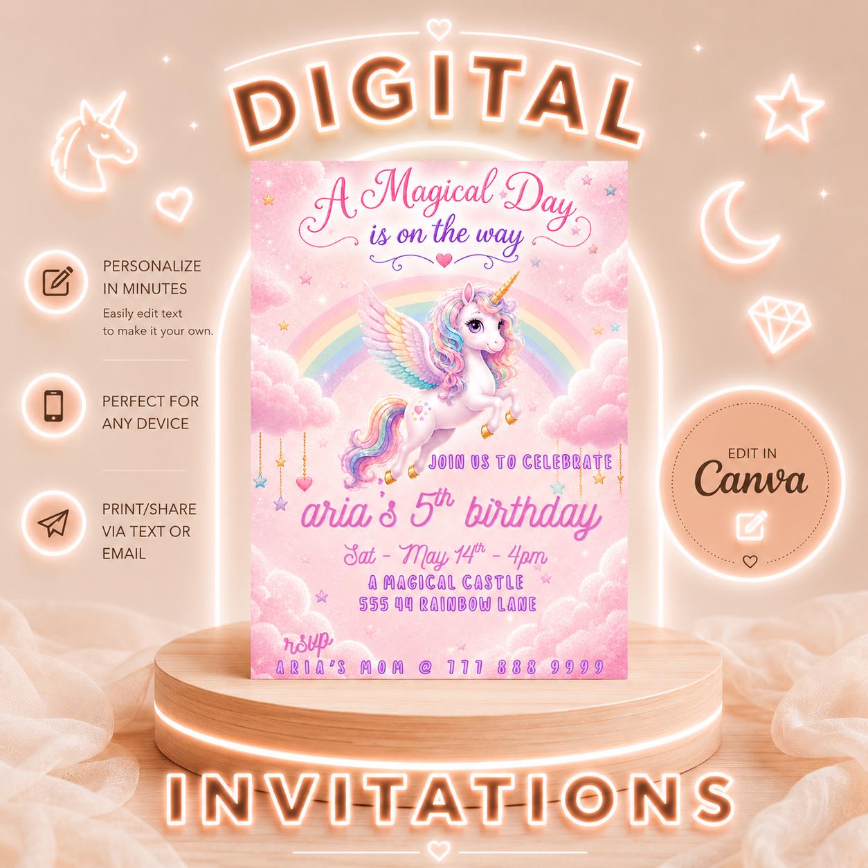 Editable Pink Unicorn Birthday Invitation digital product