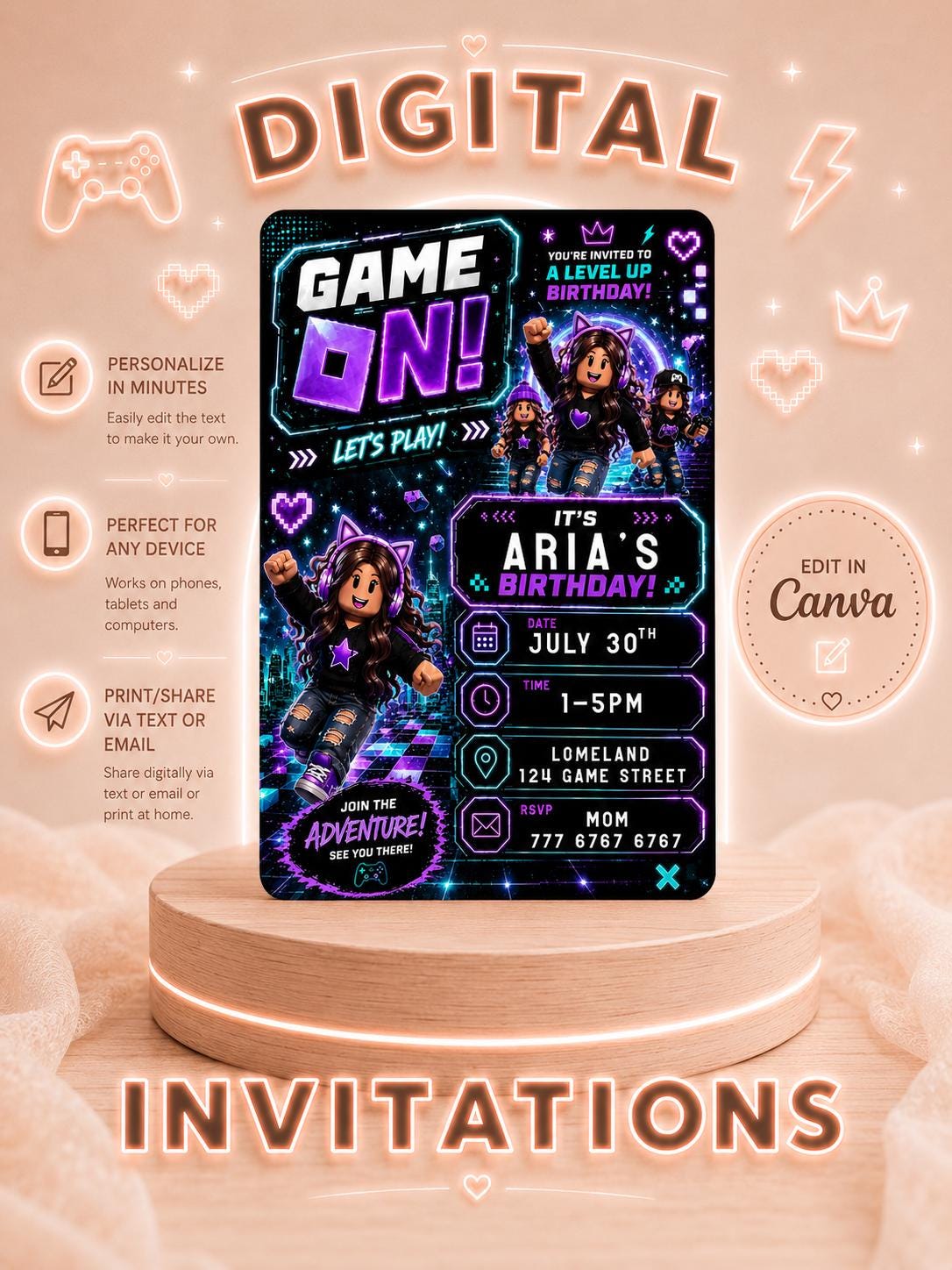 Editable Purple Gamer Girl Birthday Invitation digital product